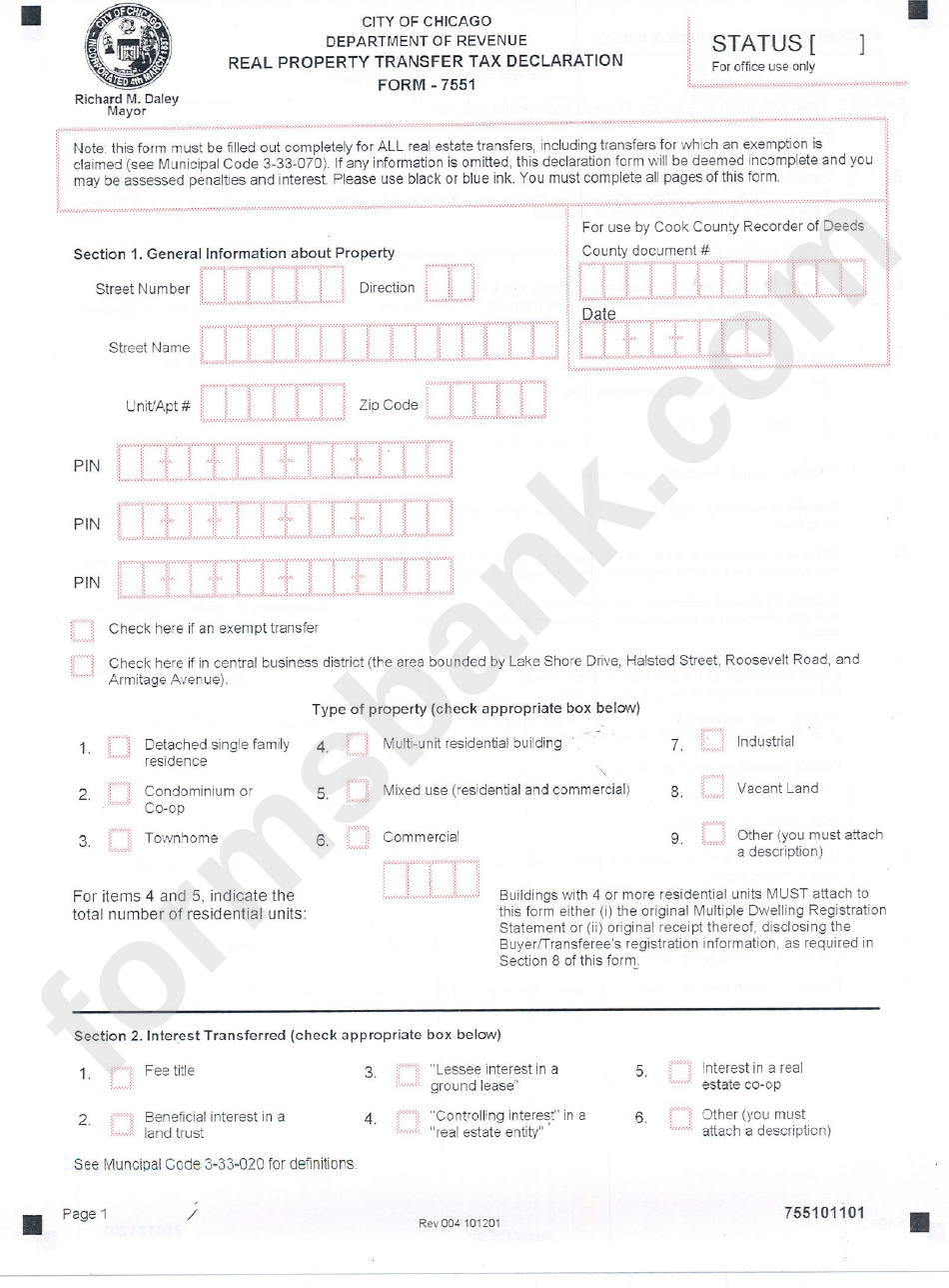 Form 7551 Real Property Transfer Tax Declaration Form printable pdf