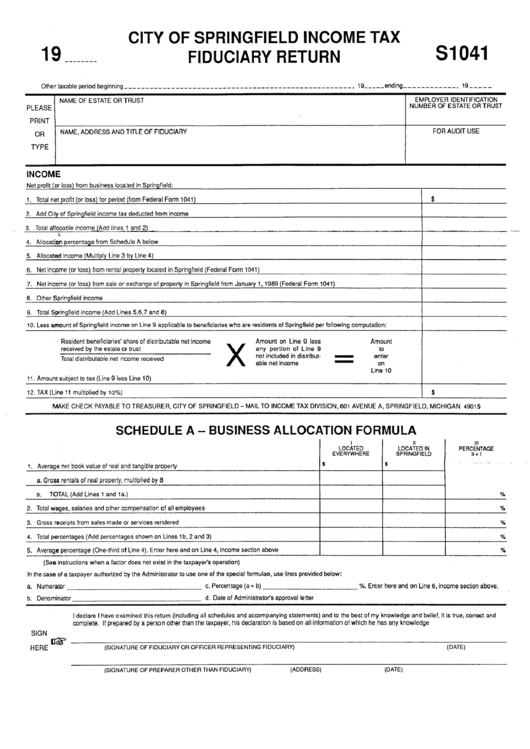 Form S1041 Tax Fiduciary Return City Of Springfield printable pdf download
