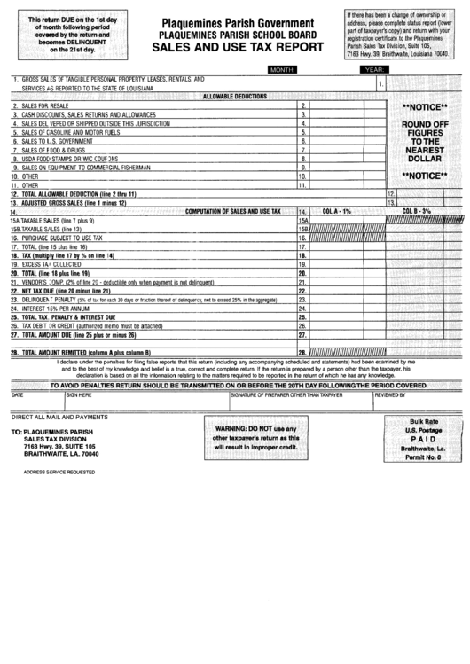 Sales And Use Tax Report Form Plaquemines Parish Government printable