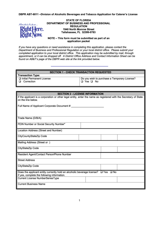 Form Dbpr Abt6011 Application For Caterer'S License printable pdf