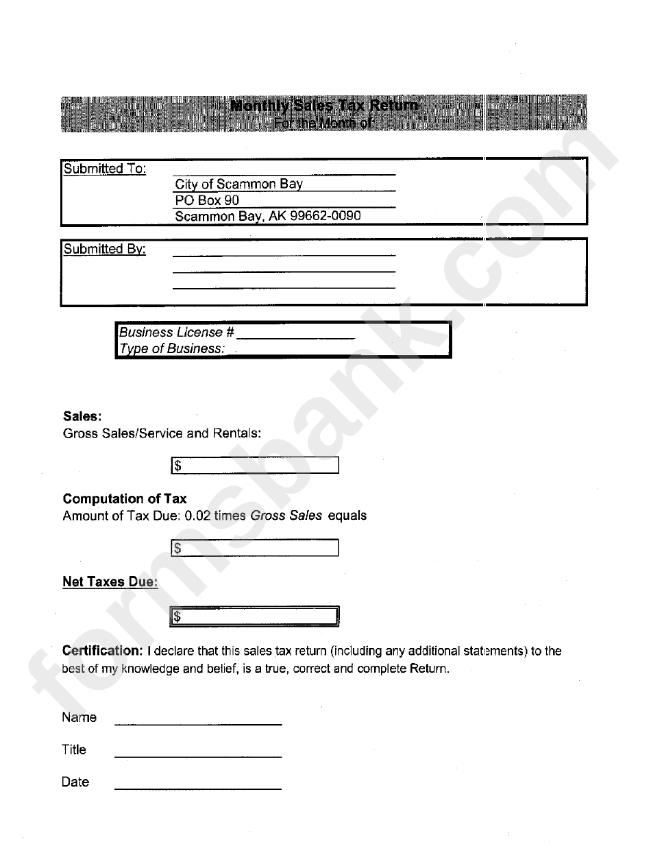 Monthly Sales Tax Return Form City Of Scammon Bay printable pdf download