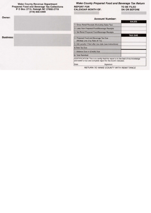 Wake County Prepared Food And Beverage Tax Return Form printable pdf
