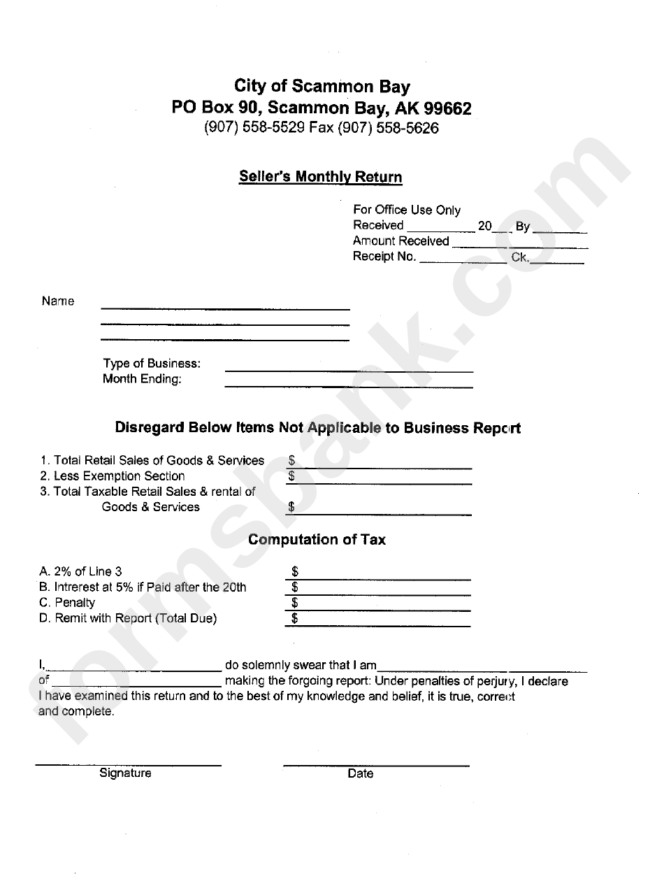 Seller'S Monthly Return Form City Of Scammon Bay printable pdf download