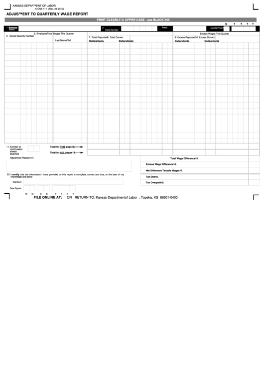Form KCns 111 Adjustment To Quarterly Wage Report printable pdf download