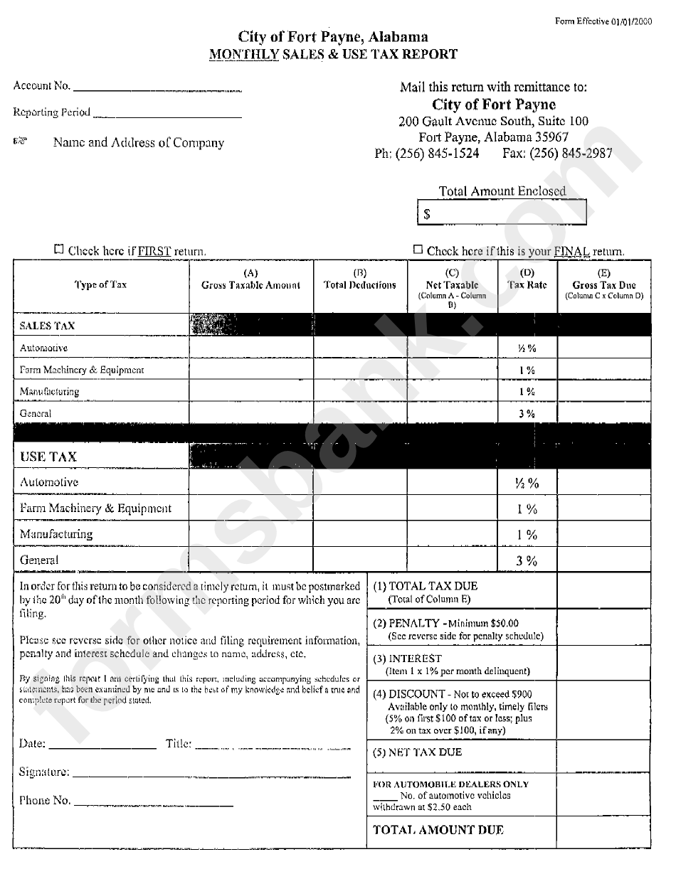 Monthly Sales And Use Tax Report Form City Of Fort Payne printable