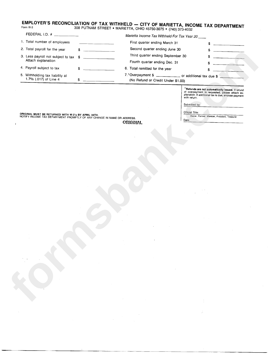 Form W3 Employer'S Of Tax Withheld City Of Marietta