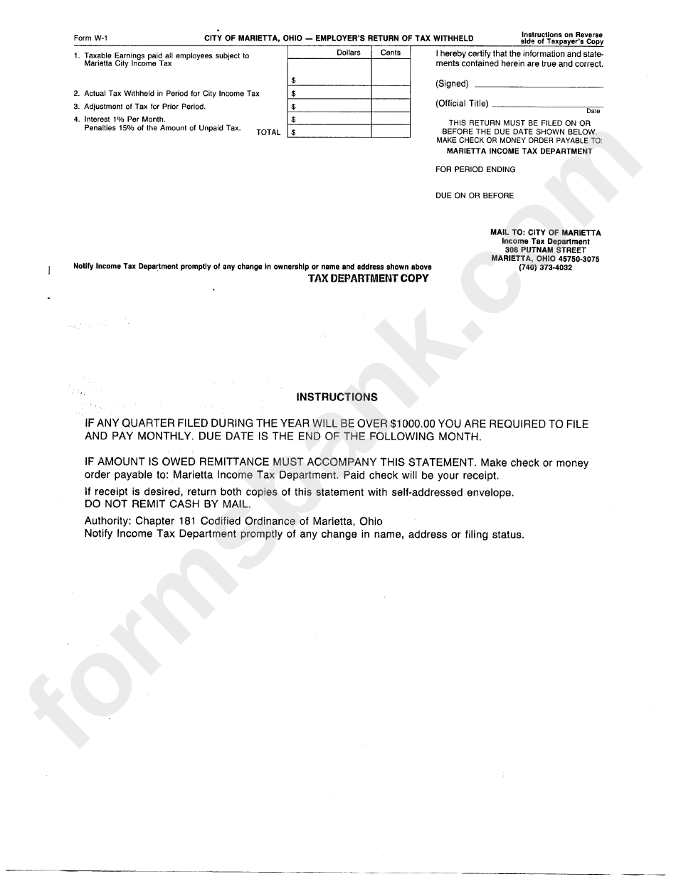 Form W1 Employer'S Return Of Tax Withheld City Of Marietta