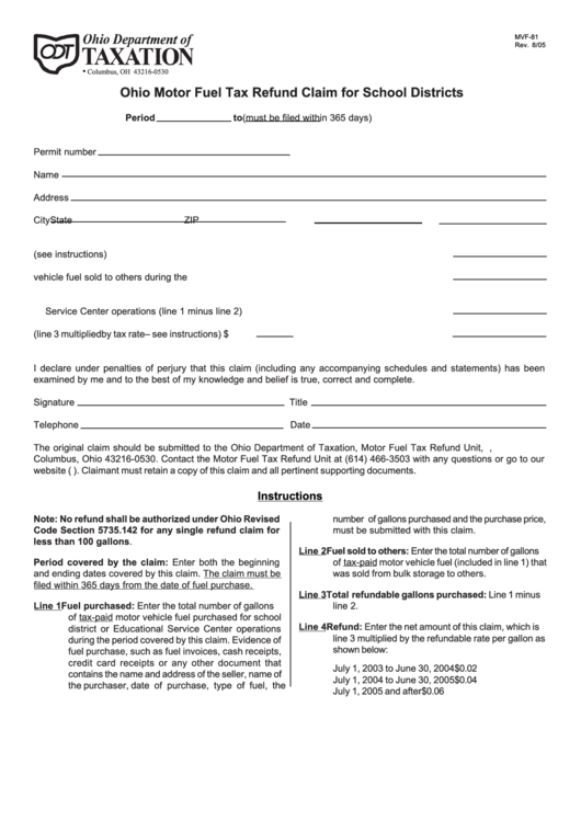 Form Mvf81 Ohio Motor Fuel Tax Refund Claim For School Districts