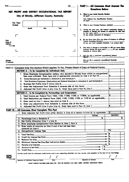 Net Report And Shively Occupational Tax Report Form City Of Shively
