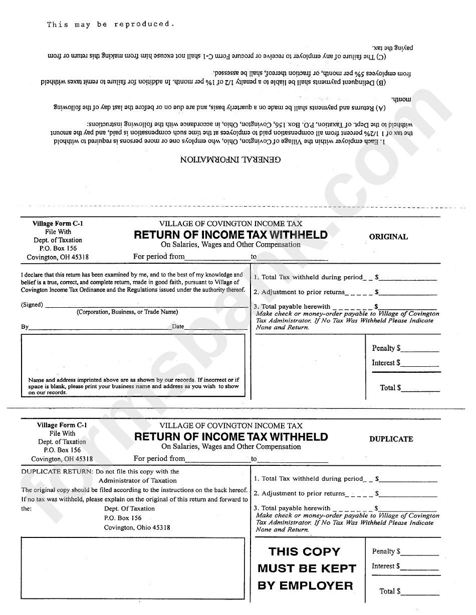 Form C1 Return Of Tax Withheld printable pdf download