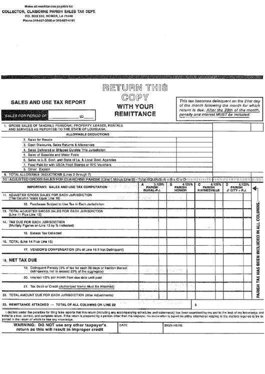 Sales And Use Tax Report Form Claiborne Parish printable pdf download