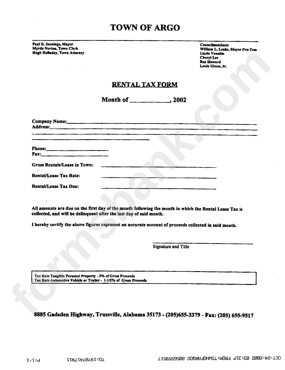 Rental Tax Form Town Of Argo printable pdf download