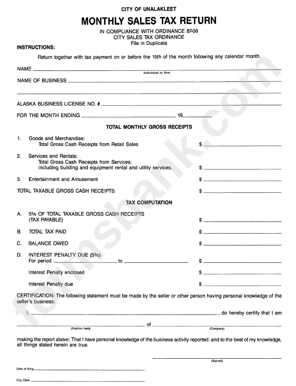 Monthly Sales Tax Return Form City Of Unalakleet printable pdf download