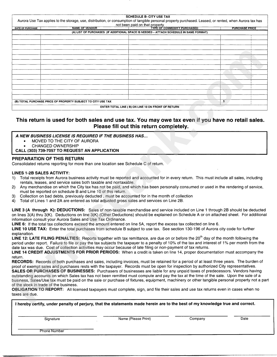 Sales And Use Tax Return Form City Of Aurora (Page 2 of 2) in pdf