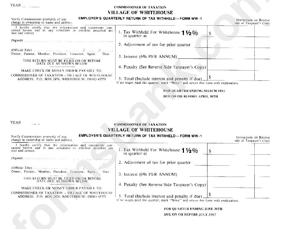 Form Ww1 Employer'S Quarterly Tax Return Withheld printable pdf download
