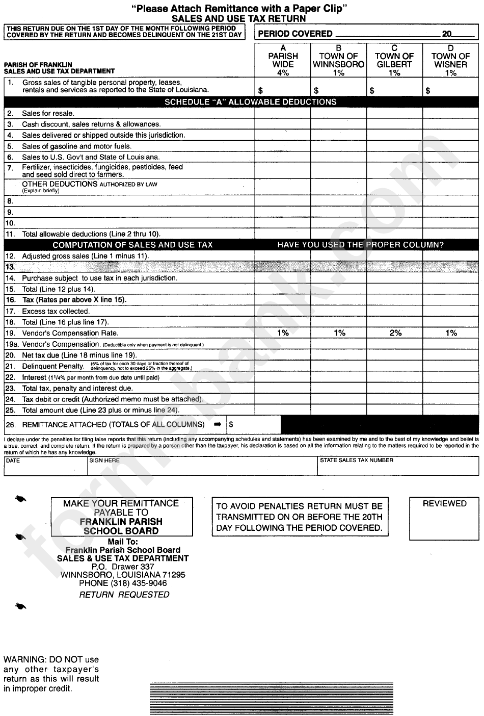 Sales And Use Tax Return Form Parish Of Franklin printable pdf download