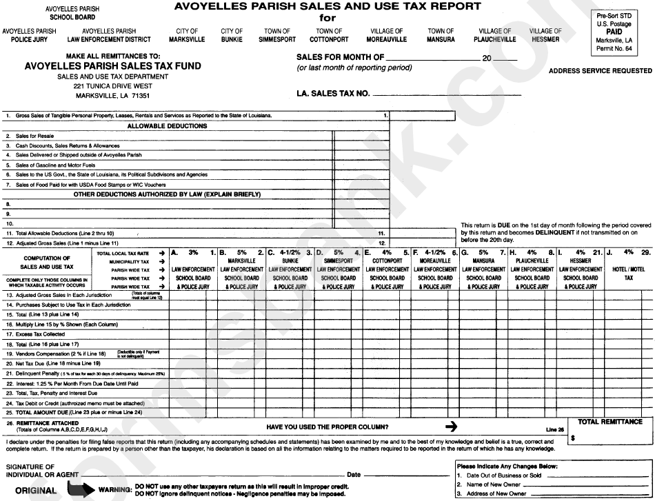 Sales And Use Tax Report Form Avoyelles Parish printable pdf download