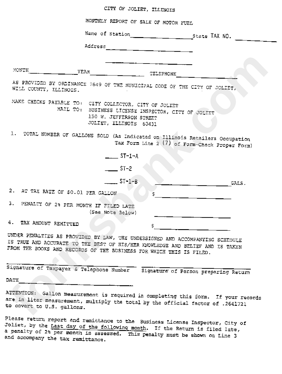 Monthly Report Of Sale Of Motor Fuel Template City Of Joliet
