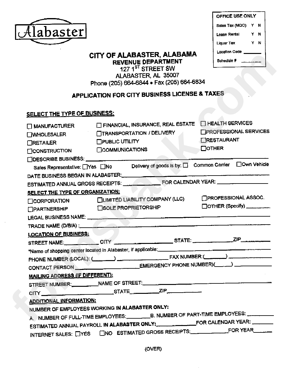 Application For City Business License & Taxes Form City Of Alabaster