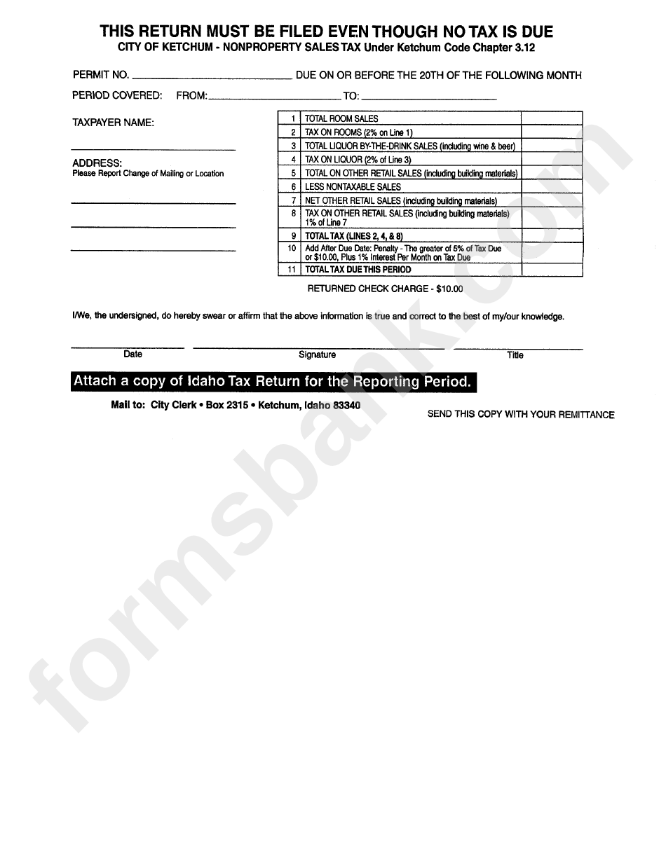 Nonproperty Sales Tax Return Form City Of Ketchum printable pdf download