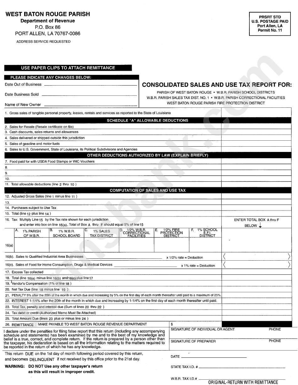 Consolidated Sales And Use Tax Report Form West Baton Rouge Parish