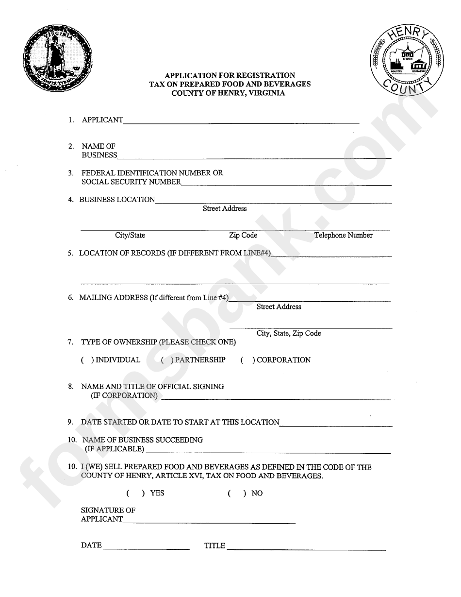 Application For Registration Tax On Prepared Food And Beverages Form
