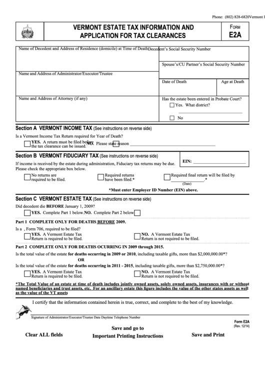 Fillable Form E2a Vermont Estate Tax Information And Application For
