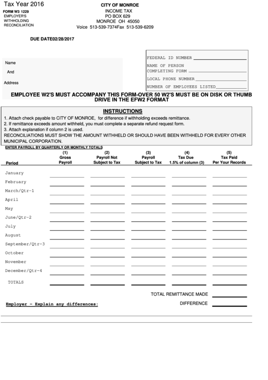 Form W3 1229 Tax City Of Monroe 2016 printable pdf download
