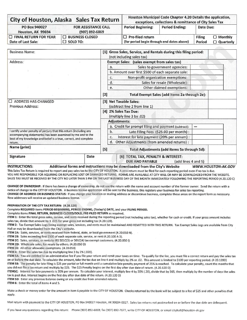 Sales Tax Return Form City Of Houston Alaska printable pdf download