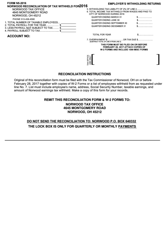 Form N5 Norwood Reconciliation Of Tax Withheld 2016 printable pdf
