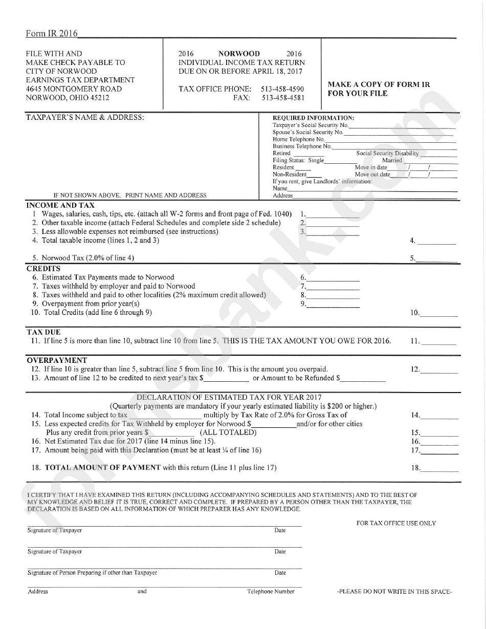 Form Ir Nordwood Individual Tax Return 2016 printable pdf download