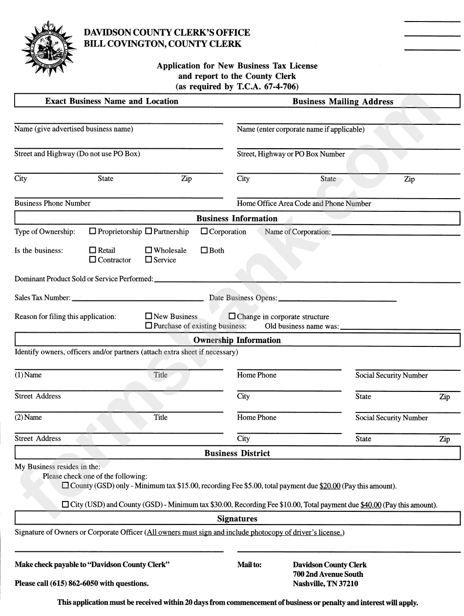 Application For New Business Tax License And Report To The County Clerk