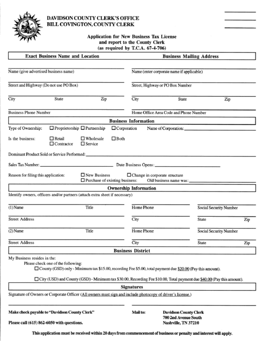 Application For New Business Tax License And Report To The County Clerk