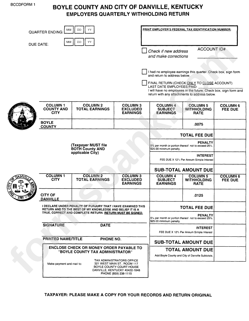 Employer'S Quarterly Withholding Return Form Boyle County And City Of