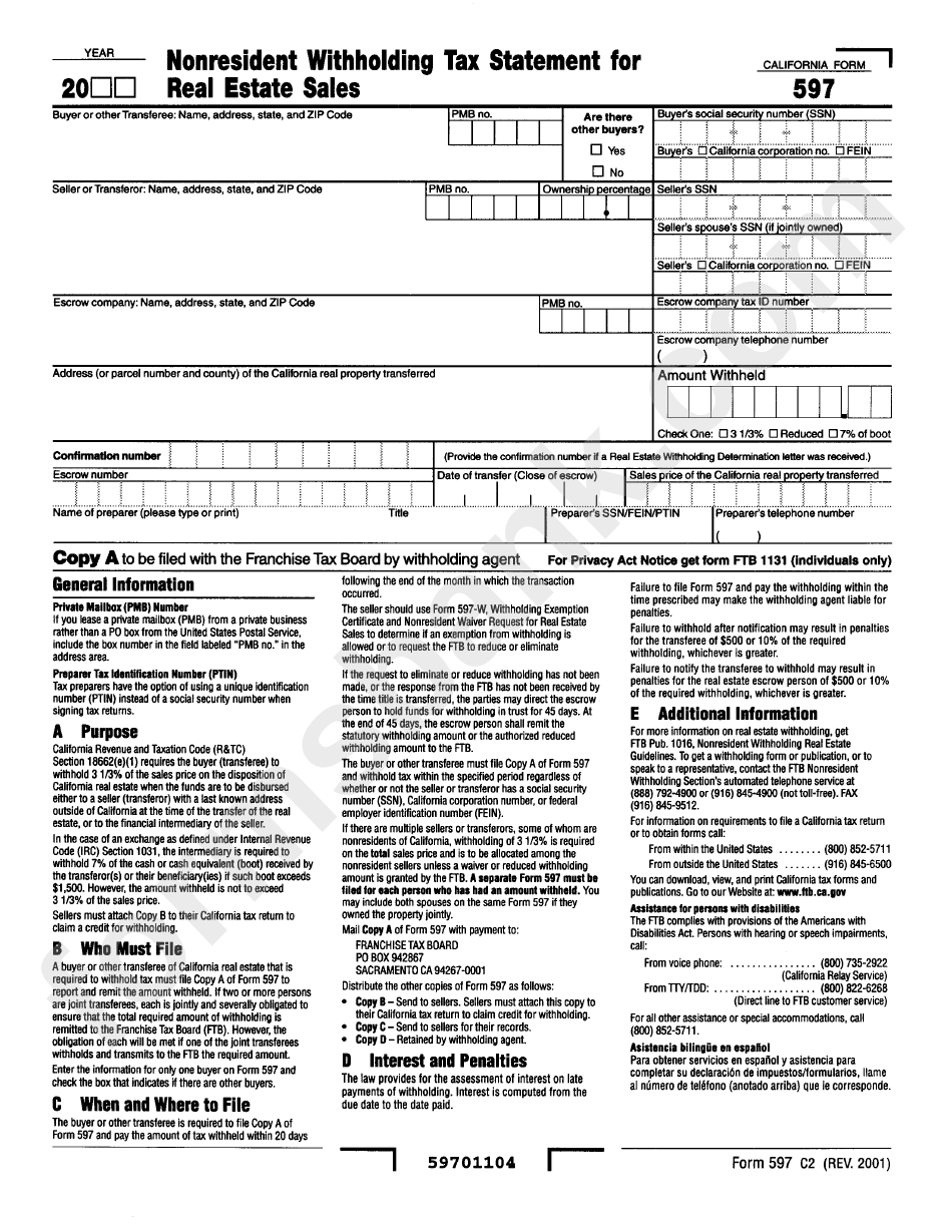 Form 597 Nonresident Withholding Tax Statement For Real Estate Sales printable pdf download