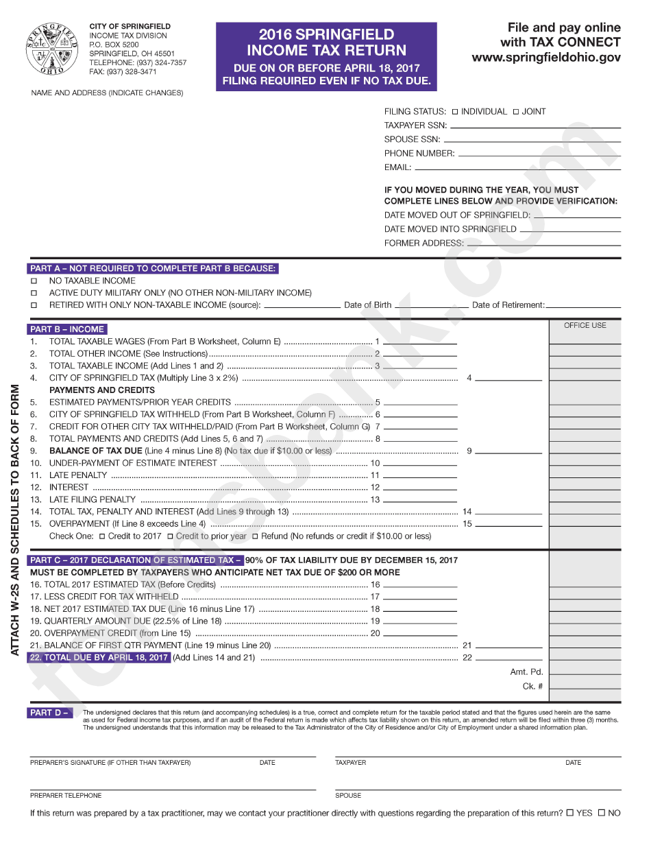 Springfield Tax Return Form 2016 printable pdf download