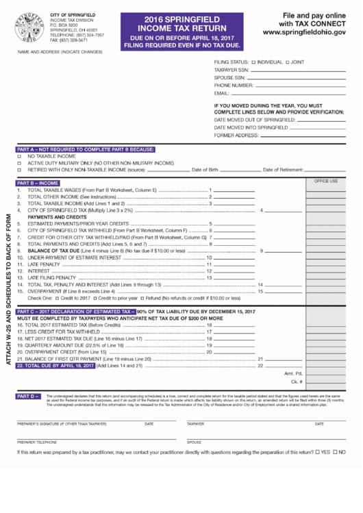 Springfield Tax Return Form 2016 printable pdf download
