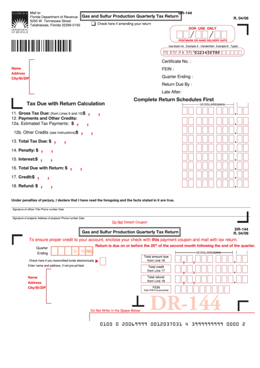 Form Dr144 Gas And Sulfur Production Quarterly Tax Return Form