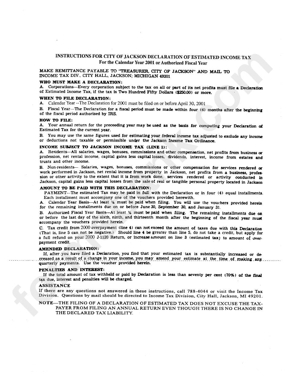 Instructions For City Of Jackson Declaration Of Estimated Tax
