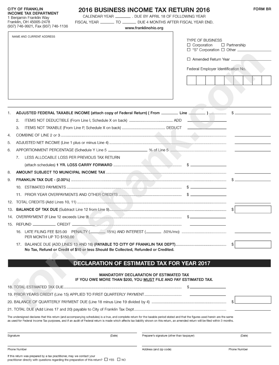 Form Br Franklin Business Tax Return Form printable pdf download