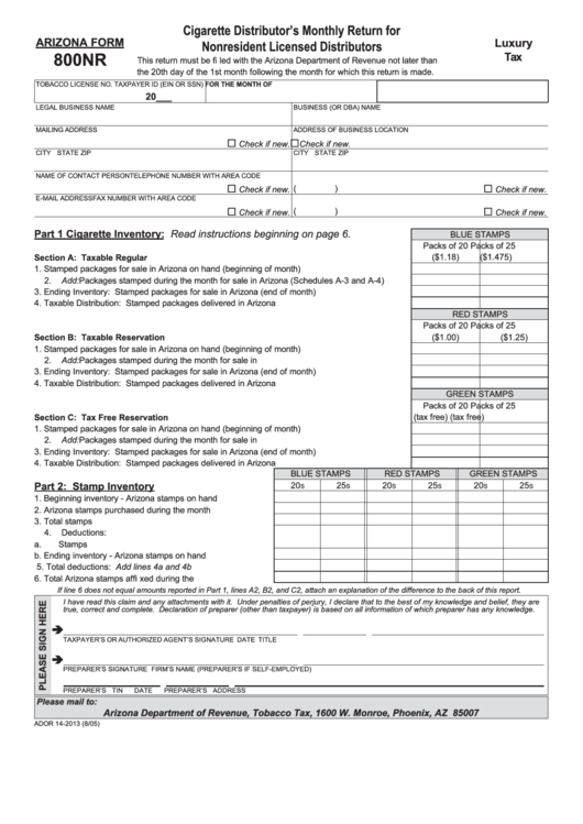 Arizona Form 800nr Cigarette Distributor'S Monthly Return For Nonresident Licensed