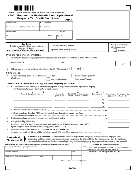 Form Nd3 Request For Residential And Agricultural Property Tax
