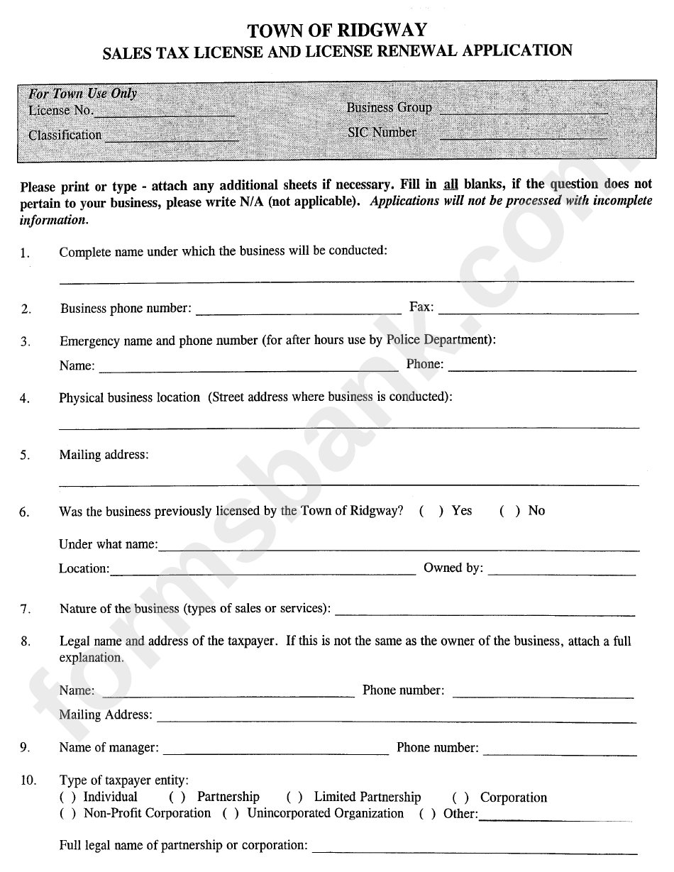 Sales Tax Form License And License Renewal Application Town Of