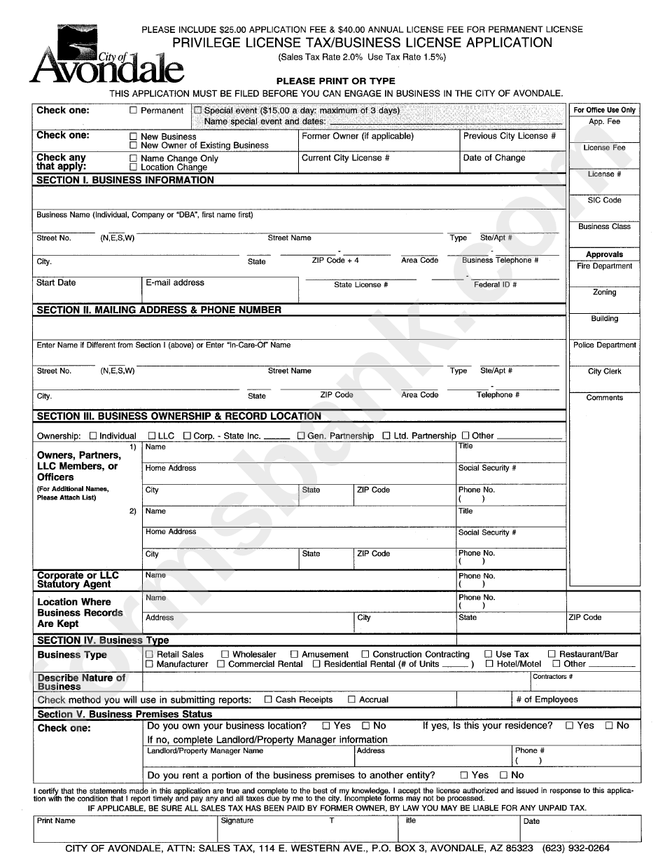 Privilege License Tax/business License Application Form City Of