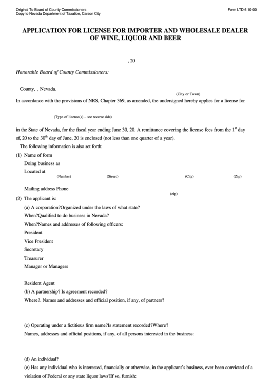 Form Ltd 6 1000 Application For License For Importer And Wholesale