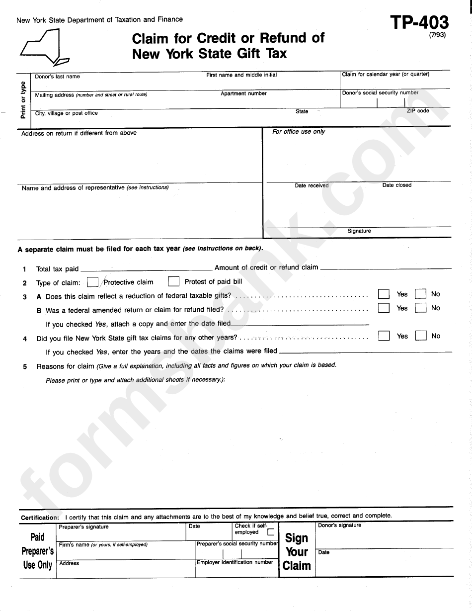 Fillable Form Tp403 Claim For Credit Or Refund Of New