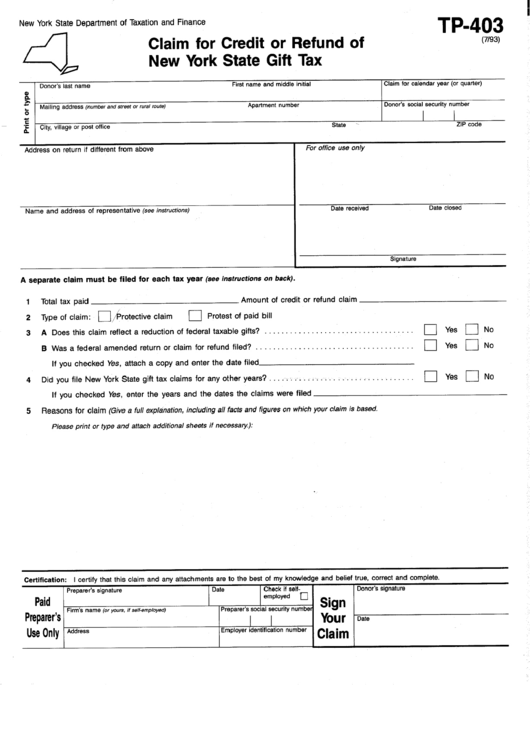 Fillable Form Tp403 Claim For Credit Or Refund Of New