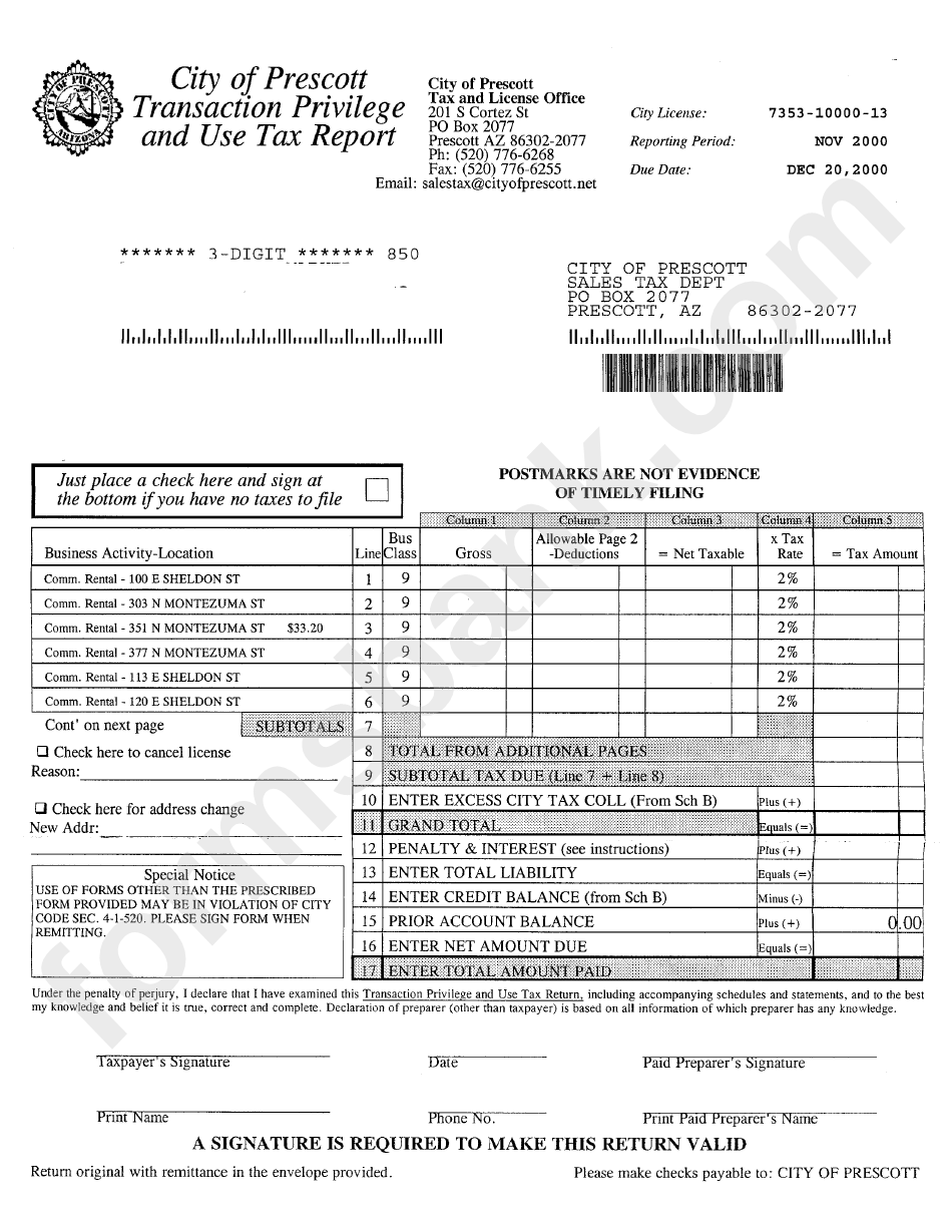 Transaction Privilege And Use Tax Report Form City Of Prescott