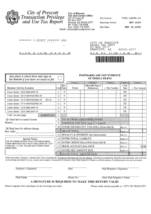 Transaction Privilege And Use Tax Report Form City Of Prescott