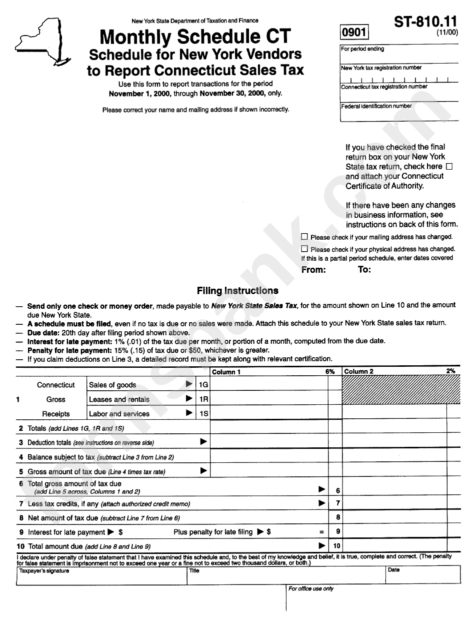 Form St810.11 Monthly Schedule Ct Schedule For New York Vendores